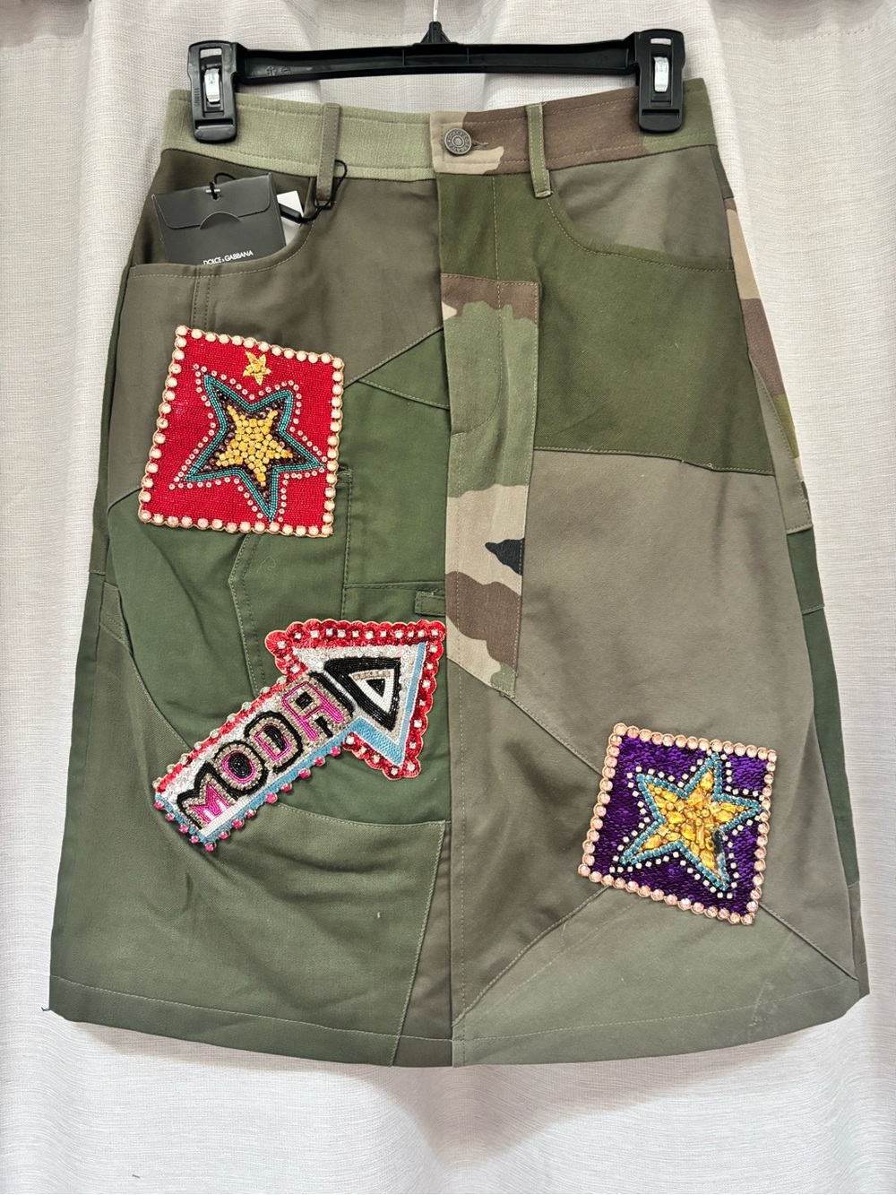 Dolce & Gabbana Olive Green Patchwork Skirt with Red and Purple Beaded Patches